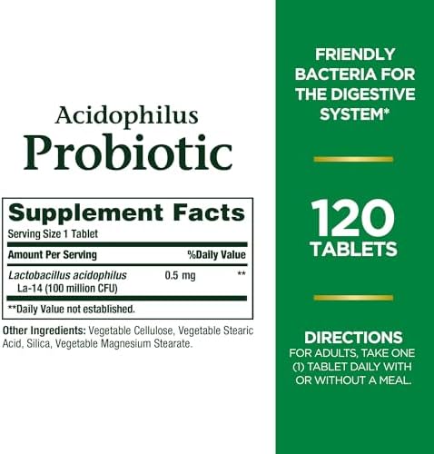 Nature's Bounty Lactobacillus Acidophilus Probiotic Supplement - Daily Probiotic for Women/Men Digestive Health,100 Million Organisms,Vegetarian,1 Serving per Day,120 Tablets,(Pack of 2)