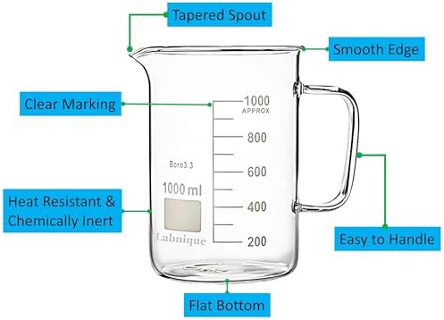 Labnique Glass Beaker with Handle, Beaker Mug with Pouring Spout, Double Graduated, 1000ml (33.8 oz / 4.2 cups)