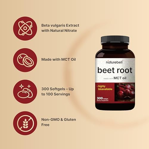 NatureBell Beet Root Extract, 300 Softgels – Max Strength Beet Root Capsules with MCT Oil – High Bioavailability Super Beets Supplement – Fresh Beetroot Extract with Natural Nitrates