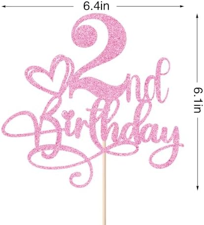 Happy 2nd Birthday Cake Topper，Anniversary Party/Boy or Girl Two Year Old Birthday Party Supplies Pink Glitter