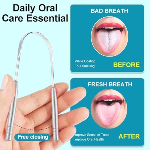 3 Pack Metal Tongue Scraper, Stainless Steel Tongue Cleaning Tool, Reusable Manual Design for Daily Oral Care, Portable Tongue Cleaner Set, Silver