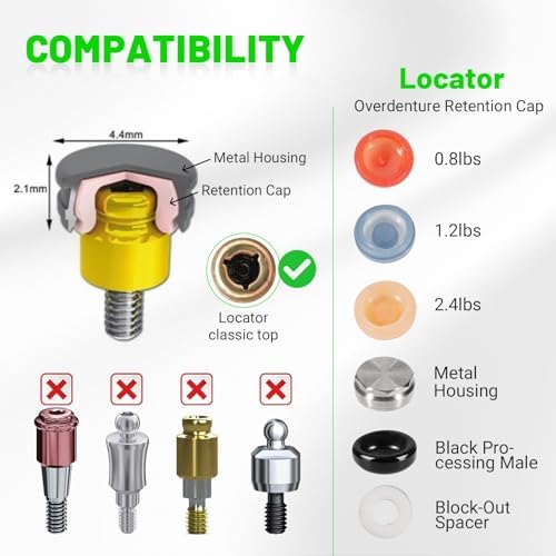 LEAPTREND Implant Tooth Locator Core Tool, Universal Dental Instrument (Golden) with Male Cap kit Metal Housing/Gloves, 3 Tools in 1 for Overdenture Retention Male Caps Removal and Insertion