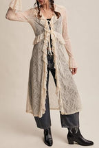 Boho Lace Kimono Cardigans For Women Sexy Mesh Sheer Tie Front Long Sleeve Ruffle Trim Duster Layering Shirt Cover Up