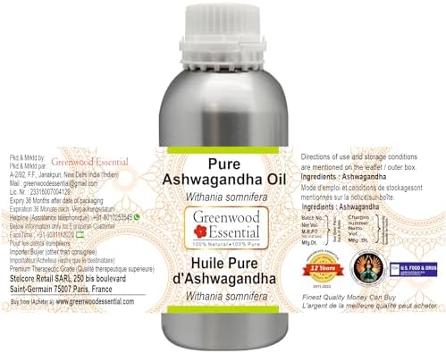 Greenwood Essential Ashwagandha Oil (Withania somnifera) | Infused | Pure | Non-Sticky | Lightweight | Ayurvedic | For Body Massage | Men & Women | 300ml (10 oz)