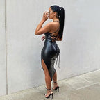 Women Faux Leather Dress Sleeveless Backless Bandage Bodycon Split Midi Dresses Party Cocktail