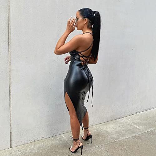 Women Faux Leather Dress Sleeveless Backless Bandage Bodycon Split Midi Dresses Party Cocktail