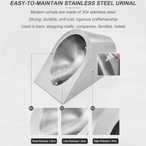 Universal Washout Urinal 304 Stainless Steel Urinal, High Efficiency Urinal with Top Spud, Household/Commercial Men's Adult Urinal Bathroom Toilet(Silvery with Sensor)