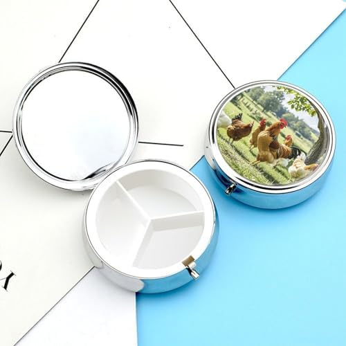 Farm Chickens Pill Box 3 Compartment Round Metal Pill Organizer Portable Mini Travel Medicine Case with Mirror Cute Medicine Container Holder for Pocket Purse