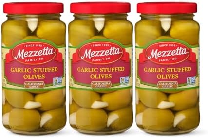 Mezzetta Garlic Stuffed Green Olives Jar Combo Pack - Old-World Halkidiki Greek Olives with Freshly Picked Garlic - Non-GMO, Gluten Free, Keto - 6 oz. Pack of 3
