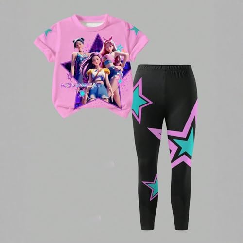 K-pop HUNTR/X T-Shirt+Pants Hunter Print Outfits Set for Unisex Kids Cartoon Adventure Y2K Short Sleeve Costume Sets