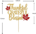 Thankful Grateful Blessed Cake Topper - Thanksgiving Cake Decor - Give Thanks, Happy Friends Giving, Thanksgiving Party Decorations, Gold and Red Glitter