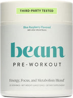 Beam Pre Workout Powder – Pre Workout Supplement with Organic Caffeine, 350 mg Electrolytes & Nootropic Focus Support, No Sugar, Pre Workout for Women & Men, Blue Raspberry Flavor, 20 Servings