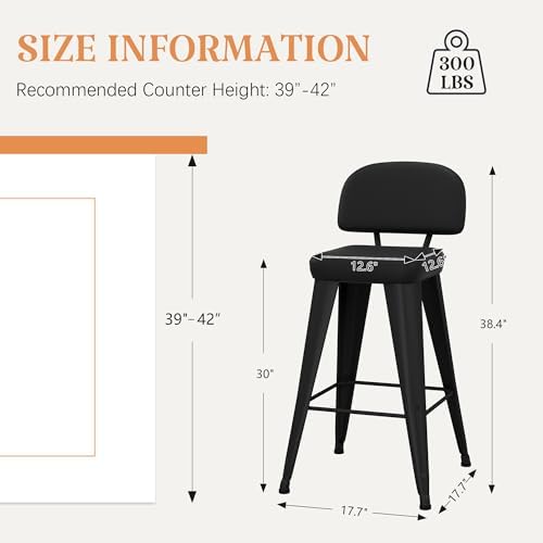 Yongchuang 30" Black Bar Stools Set of 4 PU Leather Bar Height Stools with Back Metal Legs Upholstered Modern Kitchen Island Bar Chairs