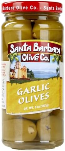 Santa Barbara Gourmet Garlic Stuffed Olives - Meaty Green Olives with Crunchy Garlic - Perfect for Cocktails or Straight from the Jar - 2-Pack, 10 oz each