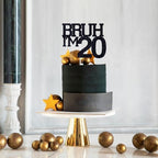 Black Glitter Bruh I'm 20 Cake Topper, Happy 20th Birthday/Bro I'm 20/Cheers to 20 Years, Funny 20th Birthday Party Decorations Supplies