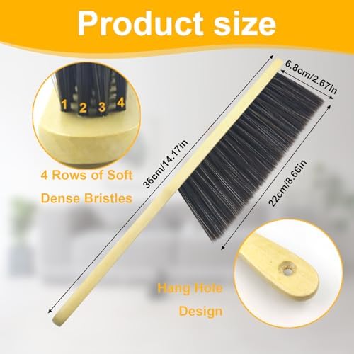 2 Pcs Hand Broom Brush, Wooden Handle Soft Bristle Cleaning Dust Brush，for Furniture, Bed, Car, Bench, Crevice Cleans, Sofa, Fireplace, Clothes (Straight Handle)