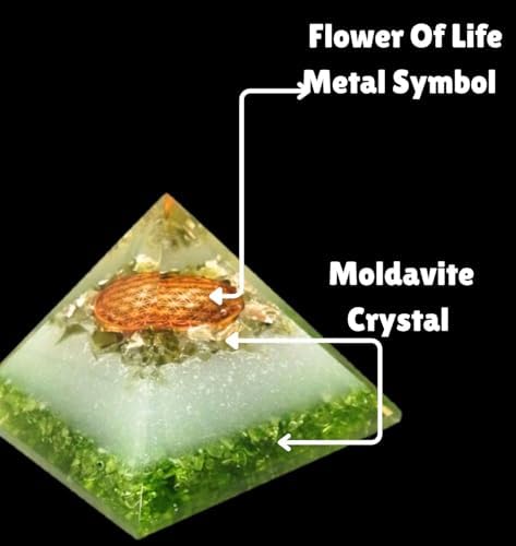 Moldavite Orgone Pyramid – Energy Generator for Healing, Meditation – Spiritual Crystal Decor with Copper, Quartz, Chakra Stones – Reiki Tool & Gift