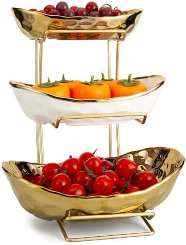 YYW 3 Tier Fruit Bowl for Kitchen Counter, White Gold Ceramic Fruit Stand for Countertop, Home Fruit Rack with Holder, Vegetable Bowl Snacks Nuts Bread Candy Storage (Gold)