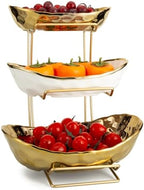 YYW 3 Tier Fruit Bowl for Kitchen Counter, White Gold Ceramic Fruit Stand for Countertop, Home Fruit Rack with Holder, Vegetable Bowl Snacks Nuts Bread Candy Storage (Gold)
