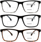 3 Pack No Line Bifocal Reading Glasses, Dual Vision Far & Near, Bicolor Frame Flexible Hinge for Men Women