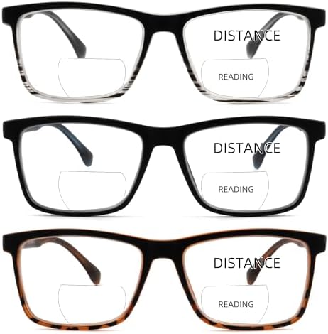 3 Pack No Line Bifocal Reading Glasses, Dual Vision Far & Near, Bicolor Frame Flexible Hinge for Men Women