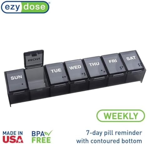 EZY DOSE Weekly (7-Day) Daily Pill Case, Medicine Planner, Vitamin Organizer, Supplement Container, Convenient and Easy to Use, Large Compartments, Travel Friendly, Black, Made in the USA, BPA Free