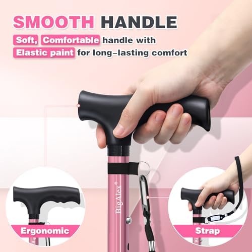 BigAlex Folding Walking Cane for Elderly Adjustable & Portable Walking Stick for Seniors,Pivoting Quad Base,Lightweight,Collapsible with Carrying Bag for Men/Woman