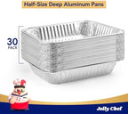 JOLLY CHEF 9x13 Aluminum Foil Pans (30 Pack) - Disposable Half Size Deep Steam Foil Pans for Roasting Turkey, Lasagna, Casseroles - Thanksgiving, Christmas, Parties, Catering