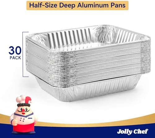 JOLLY CHEF 9x13 Aluminum Foil Pans (30 Pack) - Disposable Half Size Deep Steam Foil Pans for Roasting Turkey, Lasagna, Casseroles - Thanksgiving, Christmas, Parties, Catering