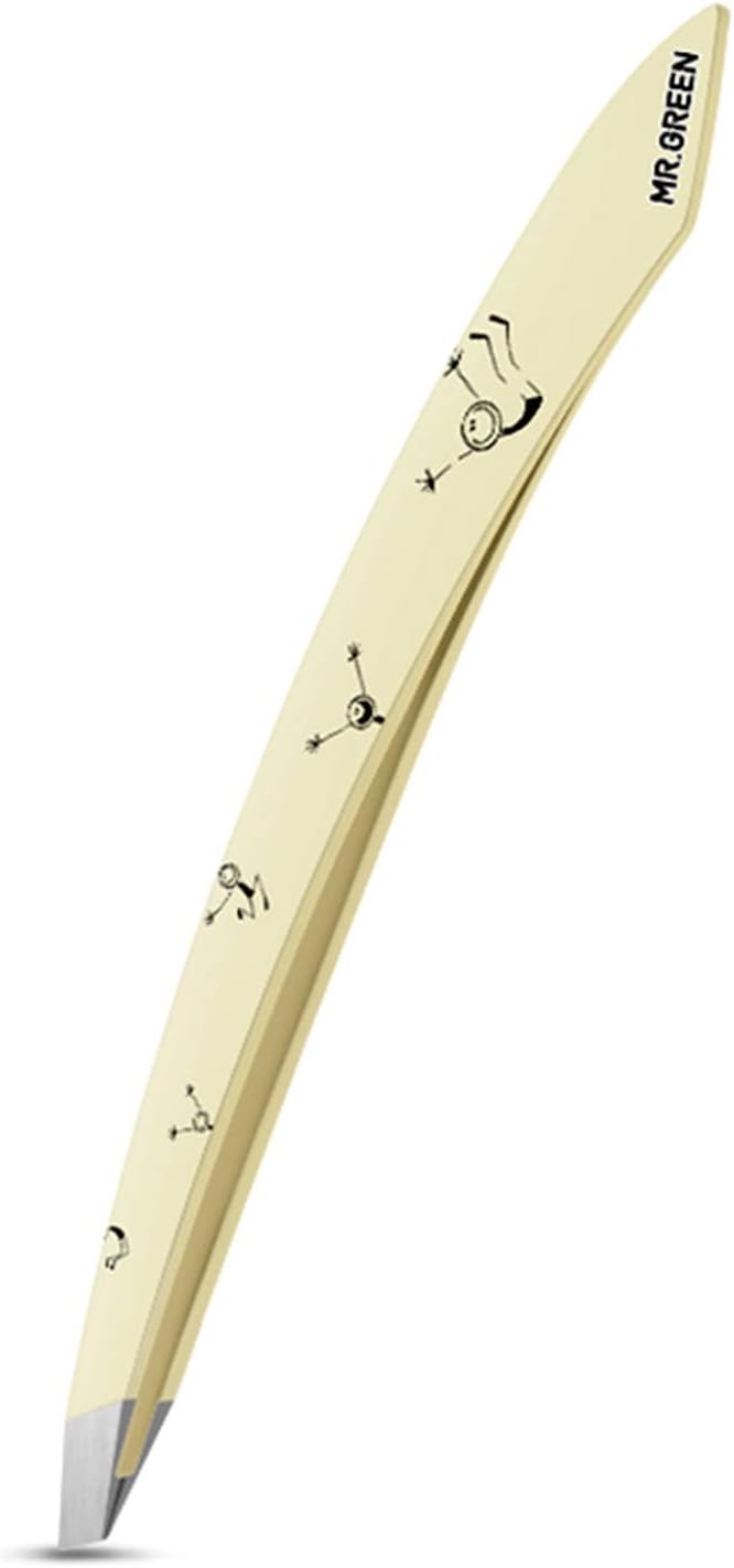 MR.GREEN Curve Handle Eyebrows Tweezers Professional Fine Hairs Removal Puller Makeup Tools Stainless Steel Beauty Clips Removal (Light Yellow)