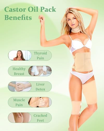 Castor Oil Pack Wrap, 9 Pcs Reusable Organic Castor Oil Pack Kit for Neck Chest Waist Back Knee and Feet, Adjustable Elastic Straps Castor Oil Compress Pads, Machine Washable Anti Oil Leak