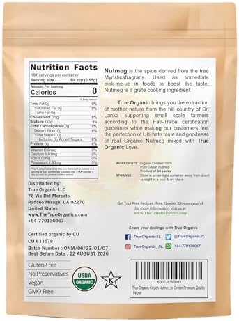 True Organic Ceylon Nutmeg Powder, Premium Grade, USDA & Kosher Certified, Gluten Free, Pure Ceylon Premium Quality, Ground 3.5 Oz