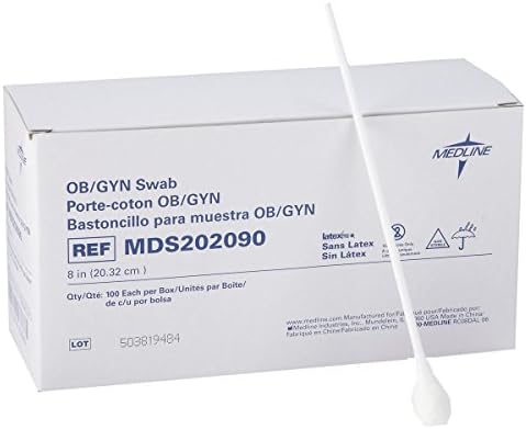 Medline OB/GYN Non-Sterile Swabs with Rayon Tip, Plastic Shaft, 8", Ideal for Medical Examinations, Box of 100