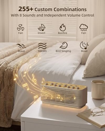 Sound Machine, White Noise Machine for Sleeping, 255+ Sound Combinations, Rechargeable, Breathing Light, Bluetooth Speaker, Sleep Timer, Bedroom Living Room Home Office Travel, for Baby Kids Adults