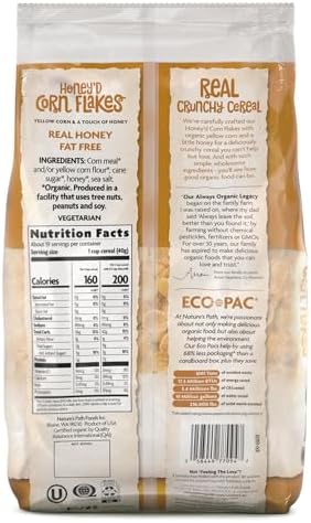 Nature's Path Organic Honey'D Corn Flakes Cereal, 26.4 oz (Pack of 1), Gluten Free, Non-GMO, Earth Friendly Packaging