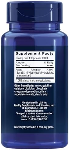 Life Extension Optimized Folate – L-methylfolate – Heart & Brain Support, Healthy Homocysteine Levels – Non-GMO, Gluten-Free, Vegetarian – 1700 mcg DFE, 100 Vegetarian Tablets