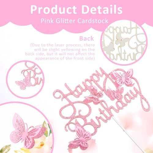 13pcs Happy Birthday Cake Topper for Girls Women's Pink Cake Decorations Wedding Butterfly Beautiful Glitter Butterfly Party Supplies Cupcake Decorators Suitable for Girls Birthday Celebrations