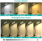 Woputne 5X Magnifying Glass Desk Clip Lamp, 10 Brightness, 3 Color Modes, 5V/2A Adapter Included – Clamp Light for Reading, Crafting, Close Work (Black)