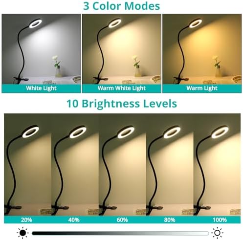 Woputne 5X Magnifying Glass Desk Clip Lamp, 10 Brightness, 3 Color Modes, 5V/2A Adapter Included – Clamp Light for Reading, Crafting, Close Work (Black)