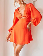 Women's Dress Satin Deep V-Neck Long Sleeve Mini Dress Silk Lantern Sleeve A-Line Front Cut Out Dresses