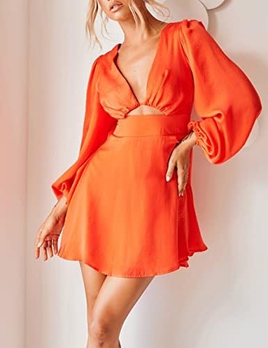 Women's Dress Satin Deep V-Neck Long Sleeve Mini Dress Silk Lantern Sleeve A-Line Front Cut Out Dresses