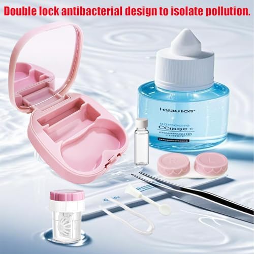 Contact Lens Case Kit with Cleaner Washer, Contact Lenses Applicator Removal Tool Kit with Mirror Solution Bottle for Daily and Outdoor Use(Pink)