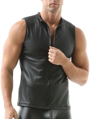 QiaTi Men's Faux Leather Vest Undershirt Mens Sleeveless Tank Top Zipper Stand Collar Shirt Muscle Waistcoats Fit Athletic