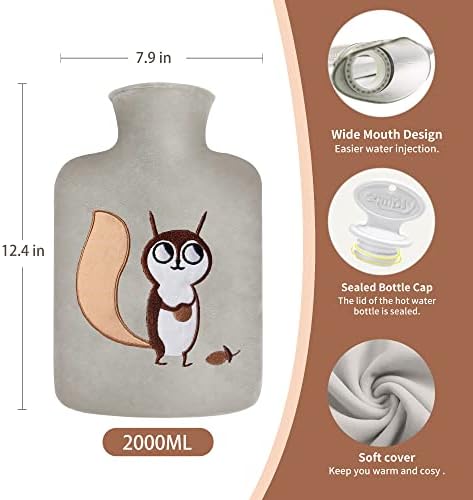 samply Hot Water Bottle with Cute Fleece Cover, 2L Hot Water Bag for Hot and Cold Compress, Hand Feet Warmer, Neck and Shoulder Pain Relief, Gray Squirrel