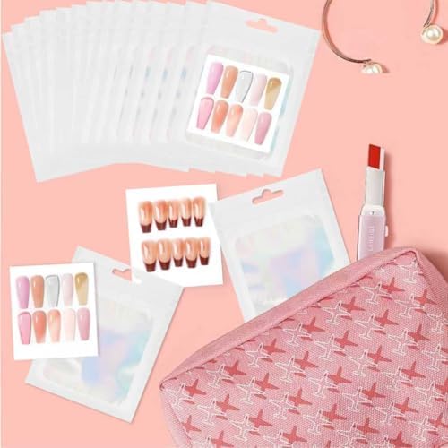 100PCS Press on Nail Packaging Bag and 100PCS White Cardboard Nail Tips Packaging Bags Empty Holographic Nail Storage Bags with 1 Roll Transparent Tape for Press on Nail Business (White, Short)