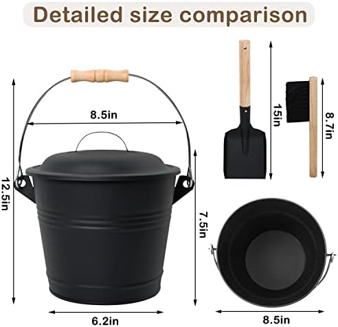 Poofzy Ash Bucket with Lid, Small Fireplace Ash Bucket with Lid and Shovel, 1.3 Gallon Metal Bucket for Fireplace with Hand Broom and Gloves, Fireplace Bucket for Ashes for Wood Stove and Fire Pit