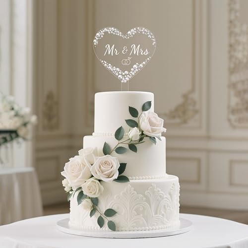 Coucoland Mr and Mrs Cake Topper - Heart Wedding Cake Decor with Rhinestones and Pearls for Engagement Bridal Anniversary