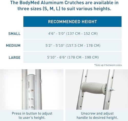 BodyMed Aluminum Crutches for Adults and Children – Pair of Lightweight, Height Adjustable Crutches – Includes Padded Underarm Cushions, Hand Grips, & Rubber Tips – Max. Weight Capacity 300 lb.