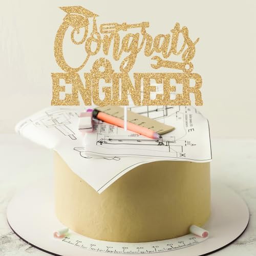 Gold Glitter Congrats Engineer Cake Topper, Congrats Engineer Grad/Future Engineer Cake Decor, Class of 2026 Mechanical Engineering School Graduation Party Decorations