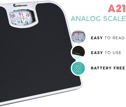 Adamson A21 Analog Scales for Body Weight - Up to 300 LB - New - Anti-Skid Rubber Surface + Large Numbers - Analog Bathroom Scale - Affordable - Durable with 20-Year Assurance - Black